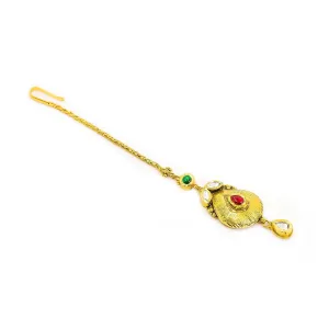 22K Yellow Gold Tikka W/ Kundan & Lightly Etched Teardrop Pendant