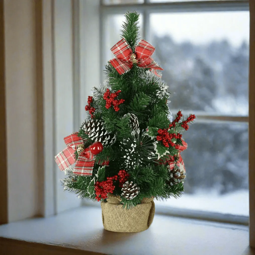 2ft (60cm) Christmas Tree Red Tartan Bows Berries Apples Jute Base