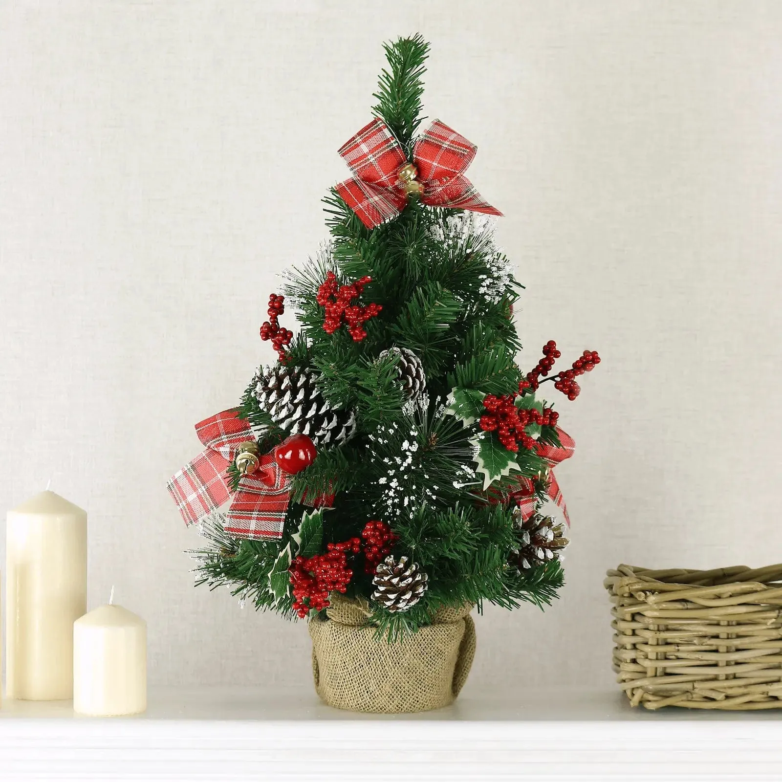 2ft (60cm) Christmas Tree Red Tartan Bows Berries Apples Jute Base