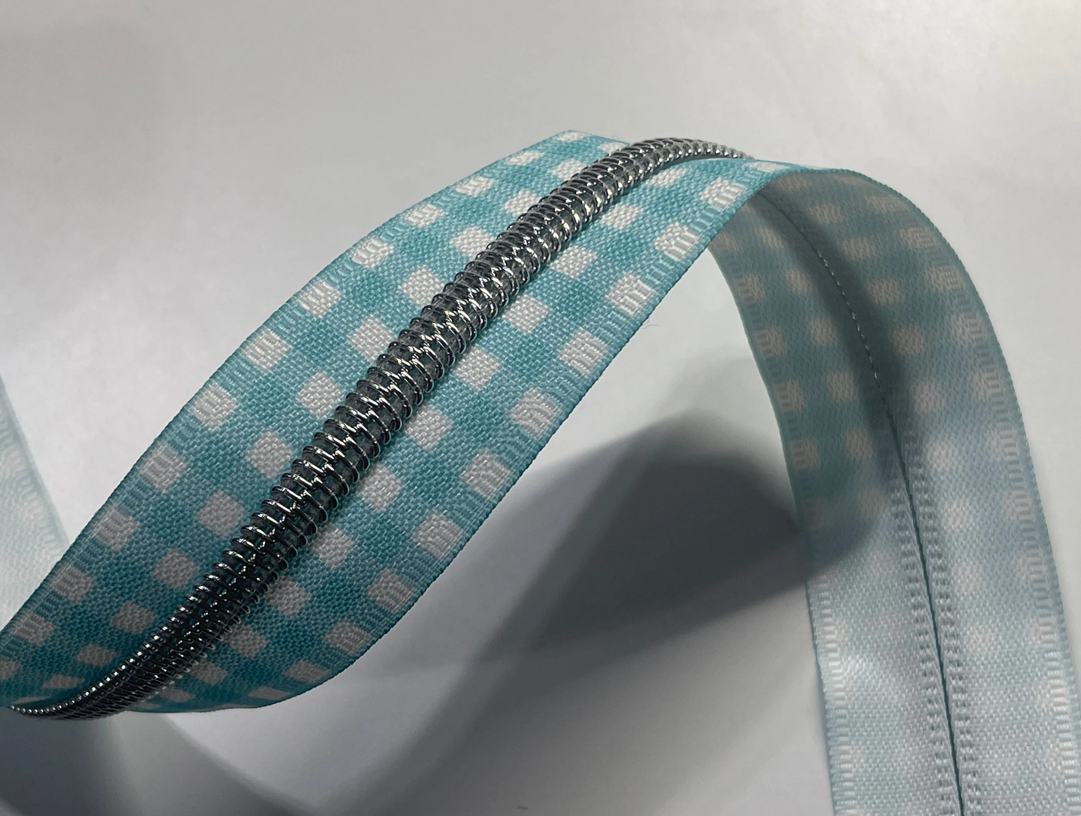 #5 Zipper Tape - 3 yard cut - Sky Blue Plaid w/ Nickel Teeth