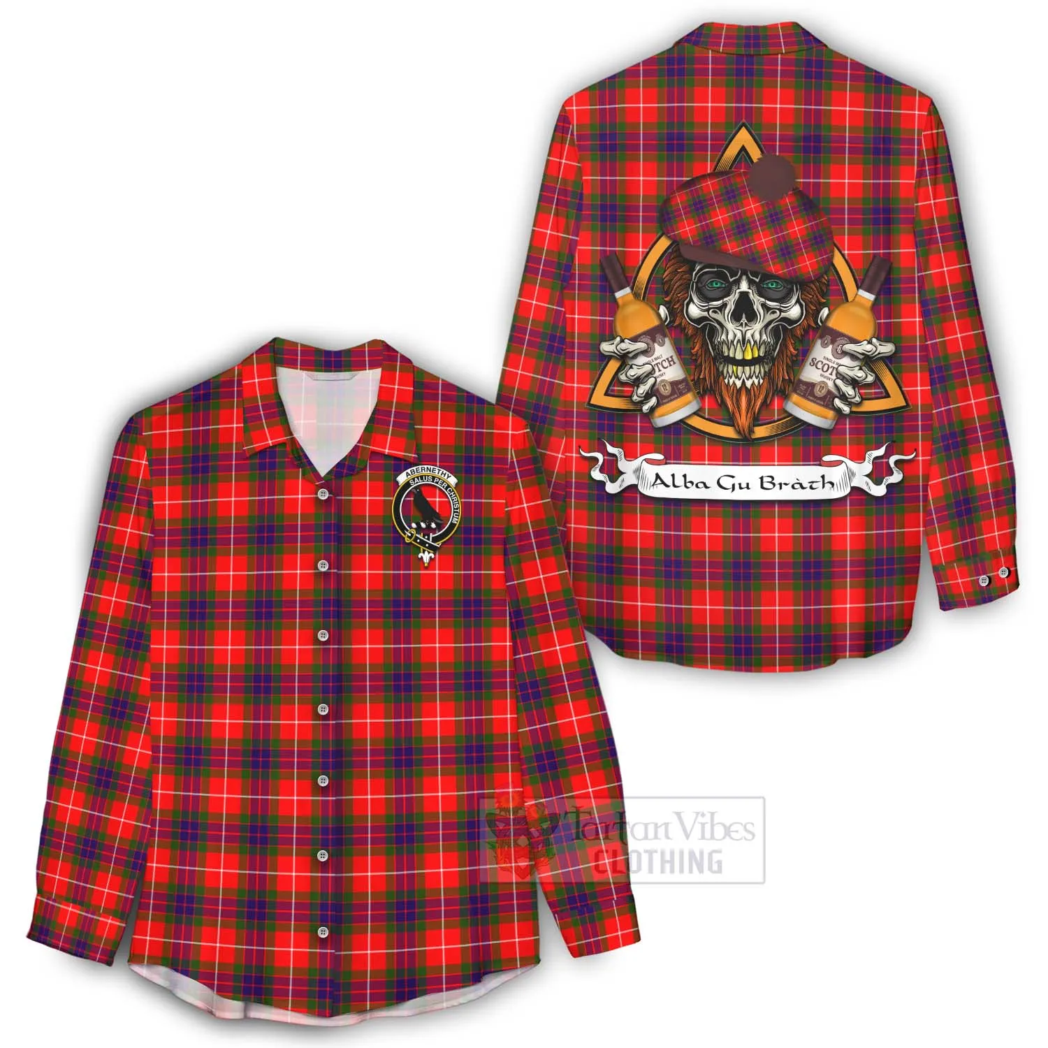 Abernethy Tartan Women's Casual Shirt with Family Crest and Bearded Skull Holding Bottles of Whiskey