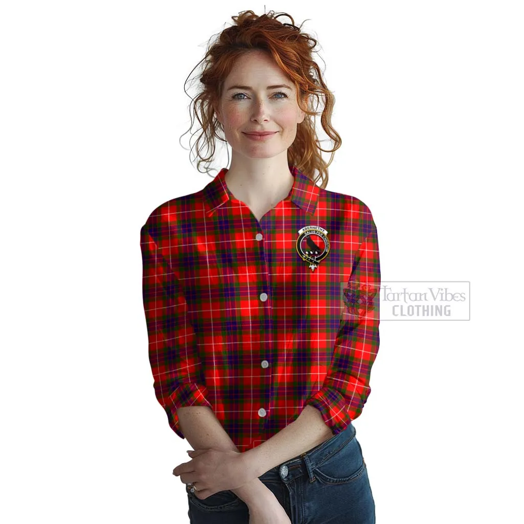 Abernethy Tartan Women's Casual Shirt with Family Crest and Bearded Skull Holding Bottles of Whiskey