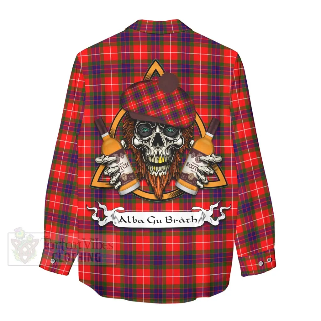 Abernethy Tartan Women's Casual Shirt with Family Crest and Bearded Skull Holding Bottles of Whiskey