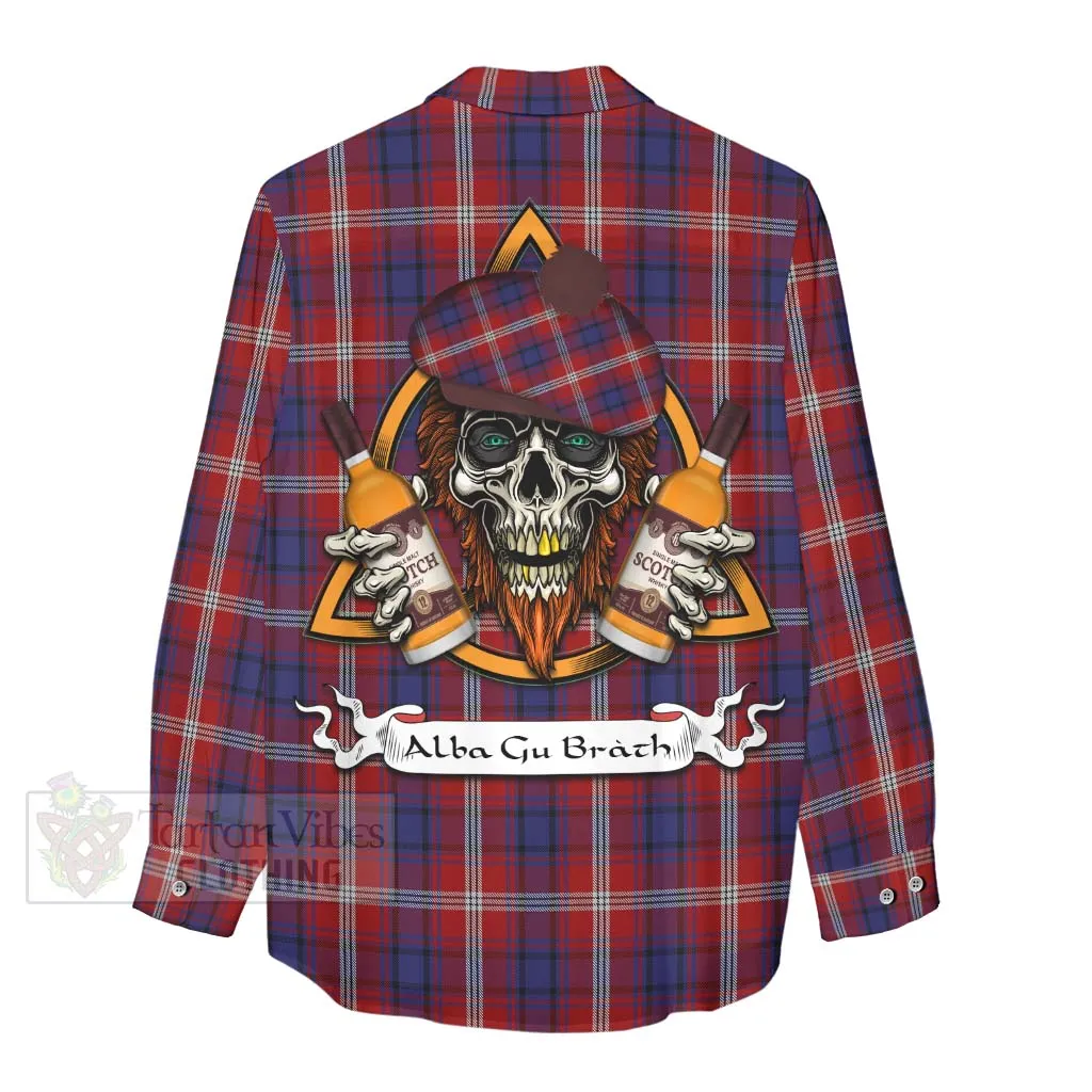 Ainslie Tartan Women's Casual Shirt with Family Crest and Bearded Skull Holding Bottles of Whiskey