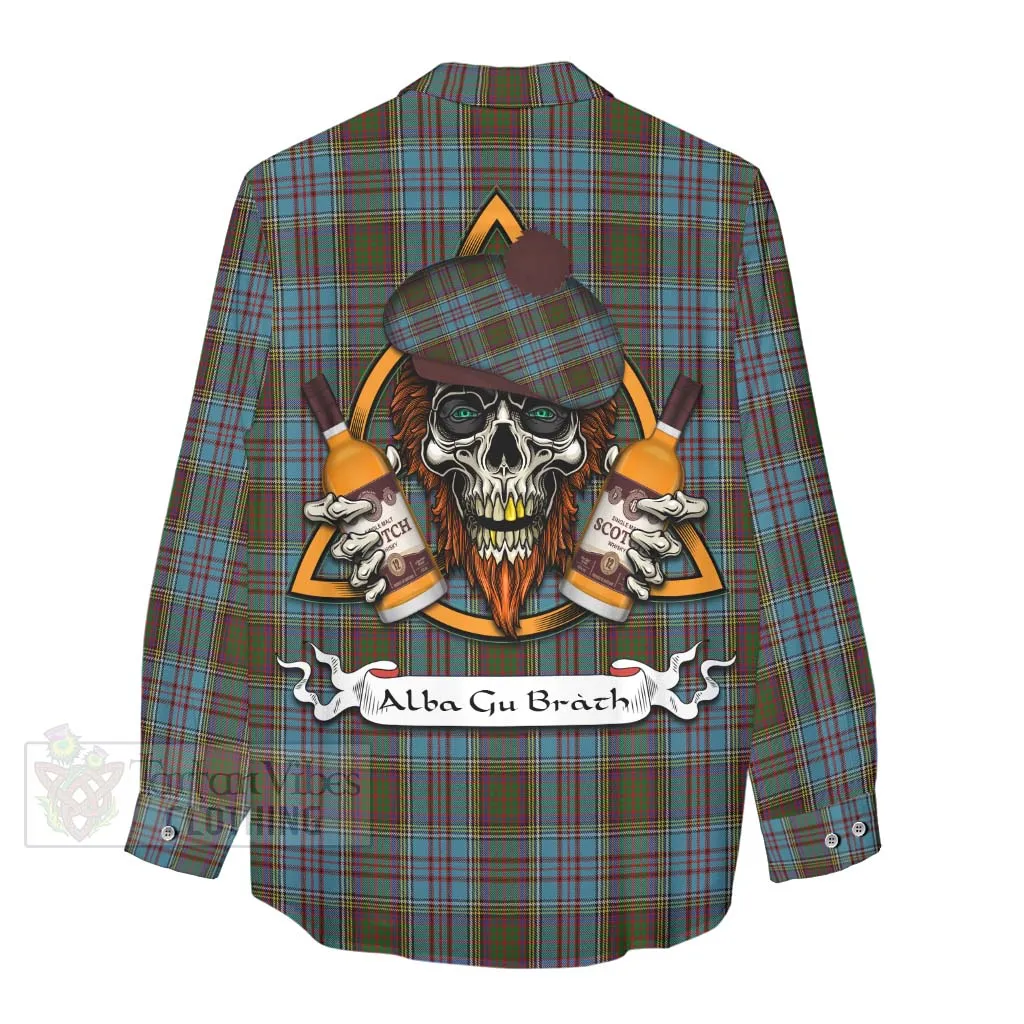 Anderson Tartan Women's Casual Shirt with Family Crest and Bearded Skull Holding Bottles of Whiskey