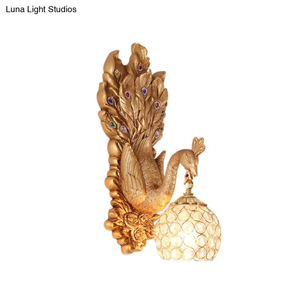 Antique Dome Crystal Wall Light: Bedroom Sconce Lamp with Peacock Backplate (Blue/Gold/White)