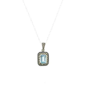 Art Deco Pendant Blue Topaz Necklace Silver Marcasite Bridal Vintage Bride