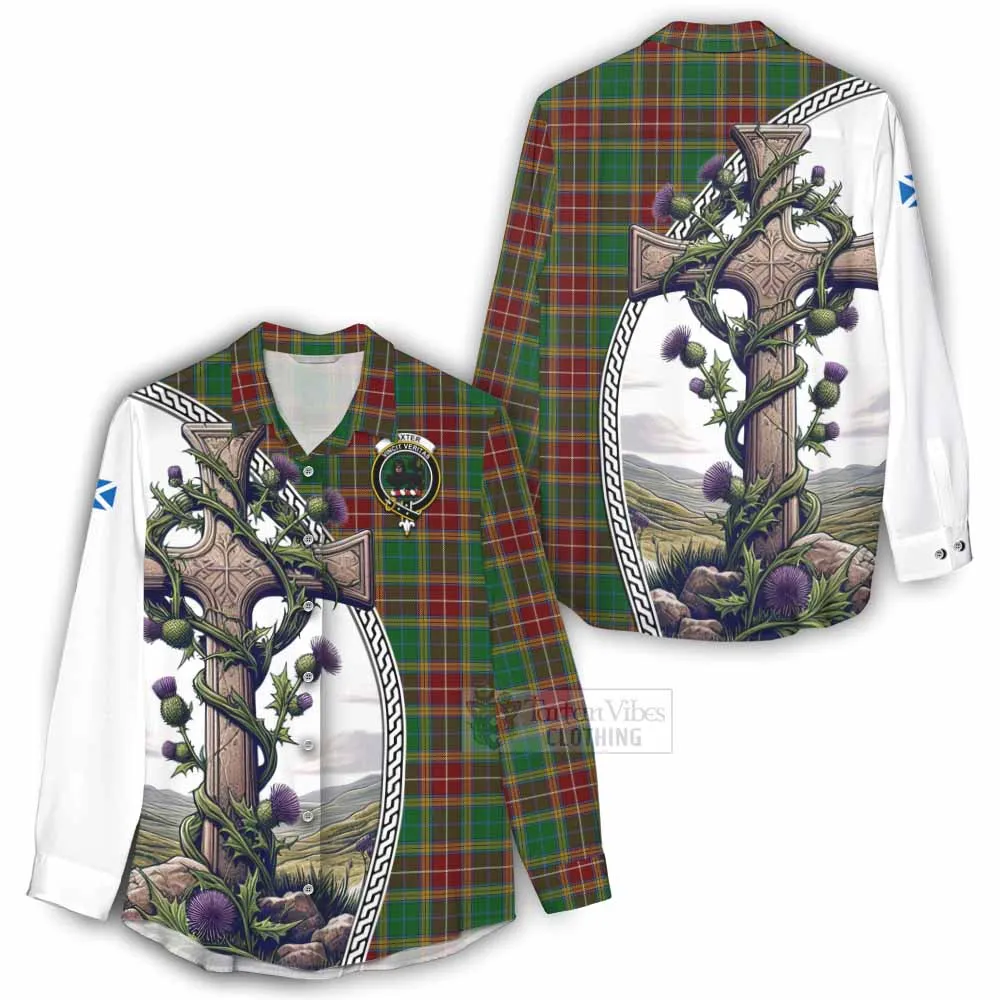 Baxter Tartan Women's Casual Shirt with Family Crest and St. Andrew's Cross Accented by Thistle Vines