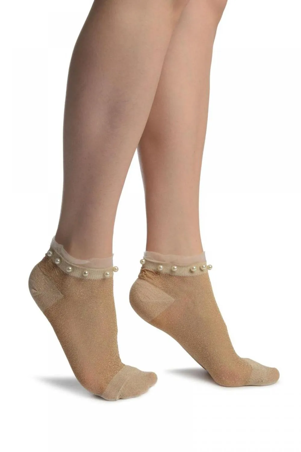 Beige With Lurex, Pearls & Frills Top Footsies Socks