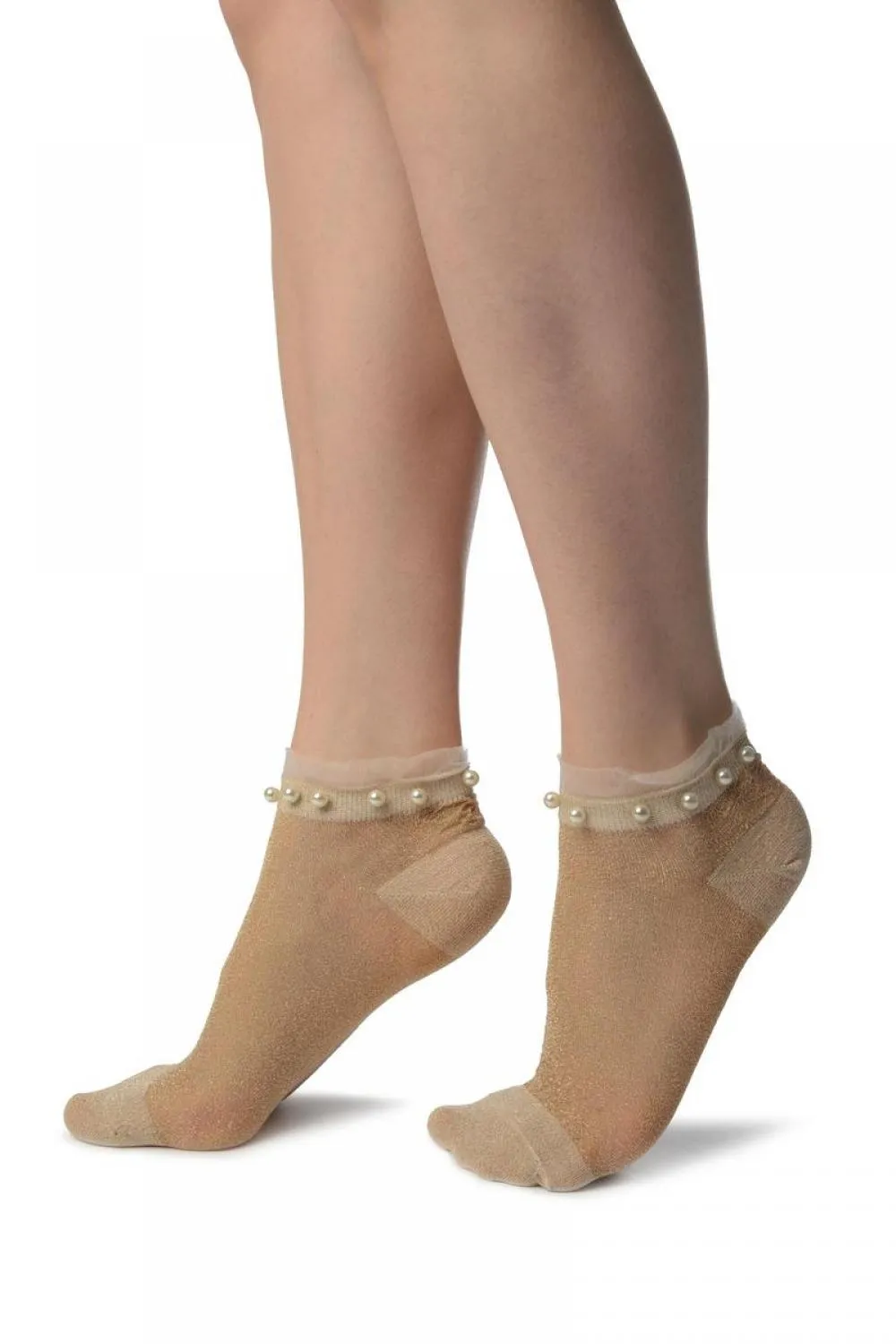 Beige With Lurex, Pearls & Frills Top Footsies Socks