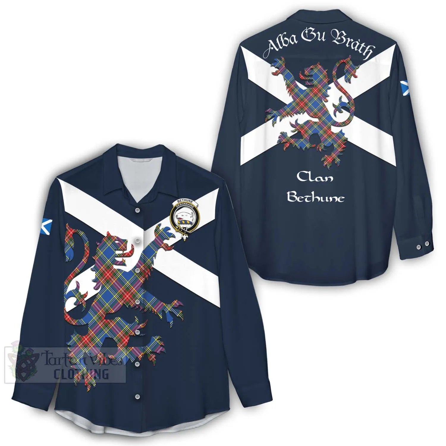 Bethune Tartan Lion Rampant Women's Casual Shirt Proudly Display Your Heritage with Alba Gu Brath and Clan Name