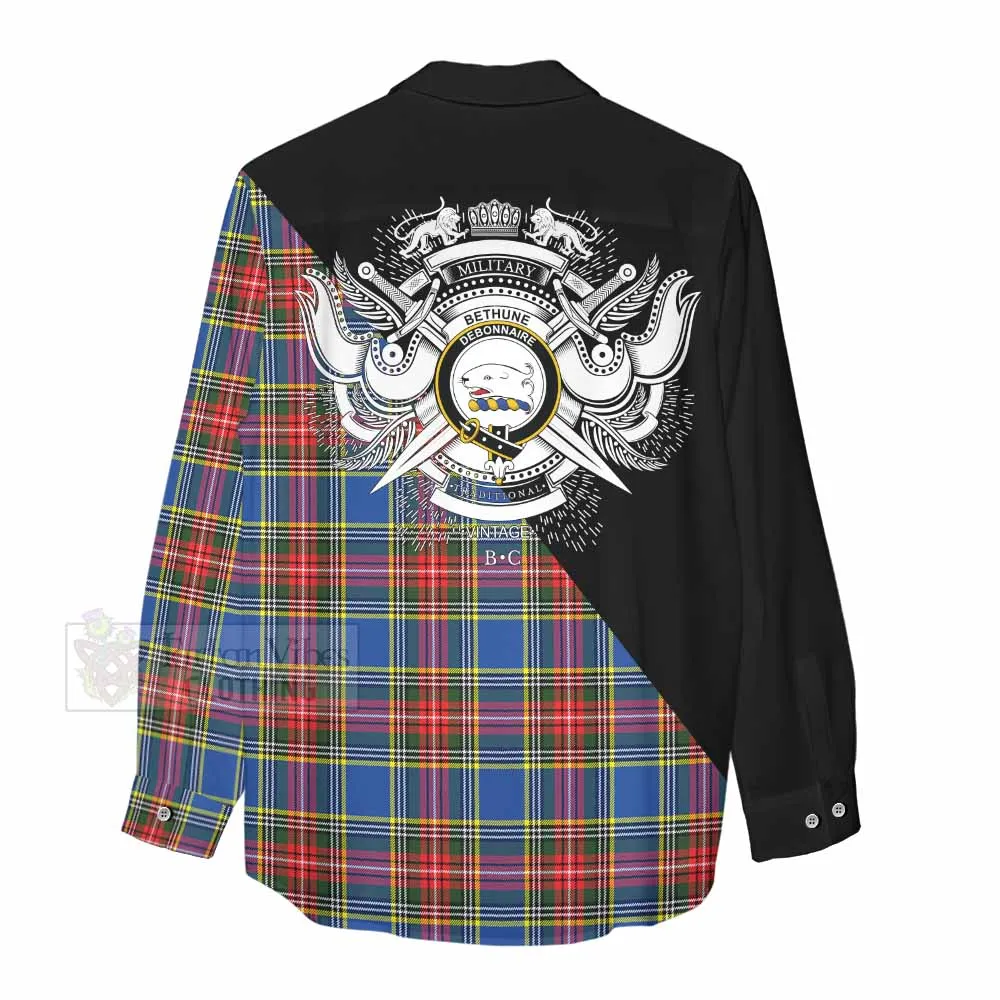 Bethune Tartan Women's Casual Shirt with Family Crest and Military Logo Style