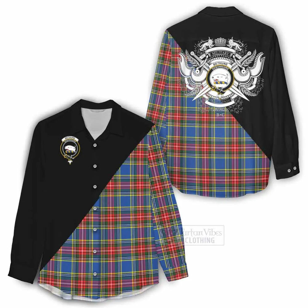 Bethune Tartan Women's Casual Shirt with Family Crest and Military Logo Style