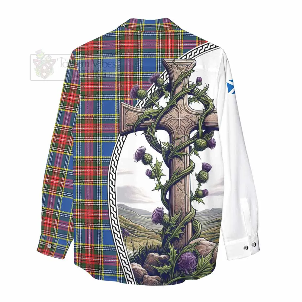 Bethune Tartan Women's Casual Shirt with Family Crest and St. Andrew's Cross Accented by Thistle Vines