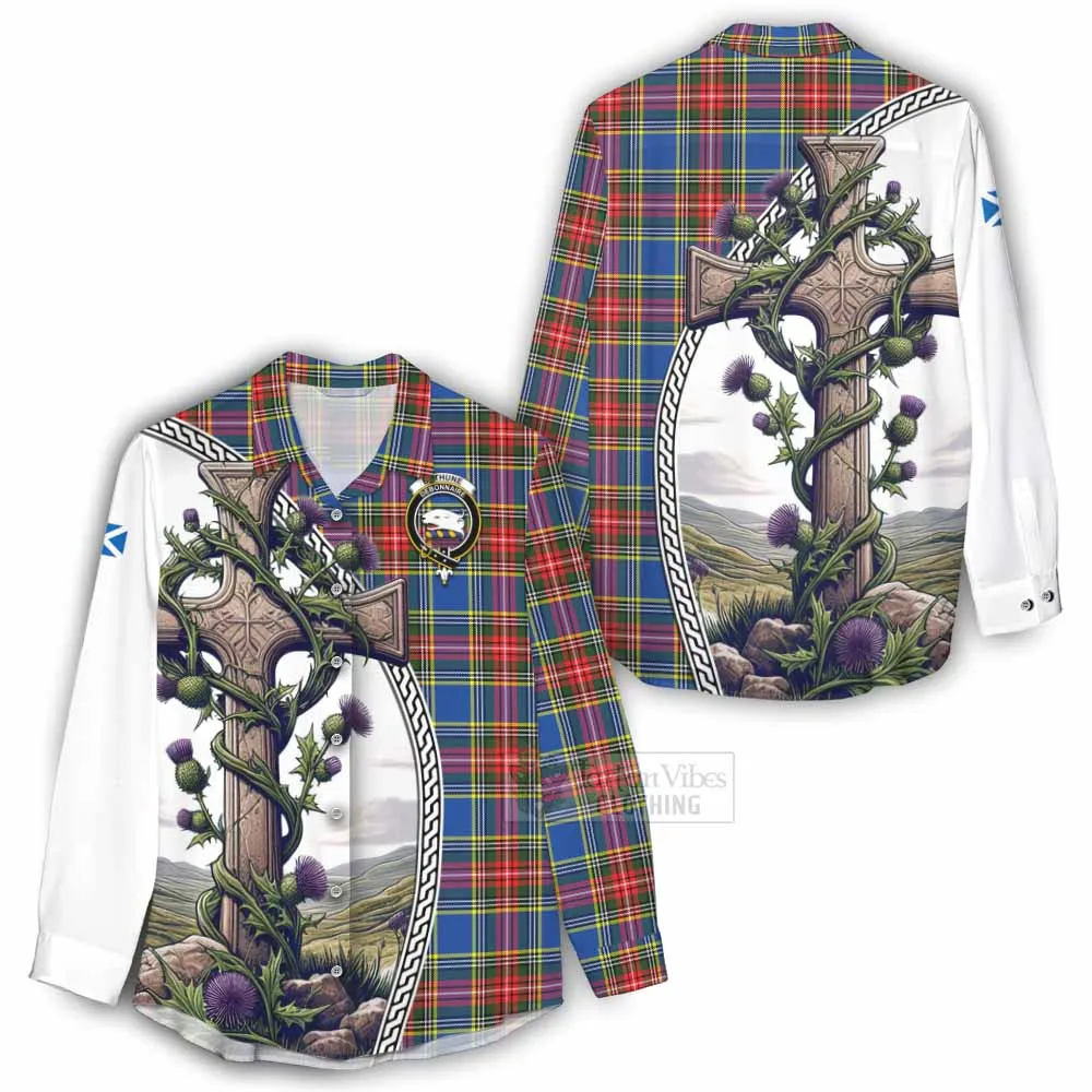 Bethune Tartan Women's Casual Shirt with Family Crest and St. Andrew's Cross Accented by Thistle Vines