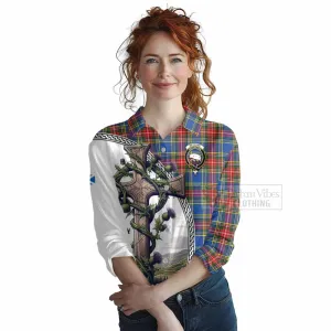 Bethune Tartan Women's Casual Shirt with Family Crest and St. Andrew's Cross Accented by Thistle Vines