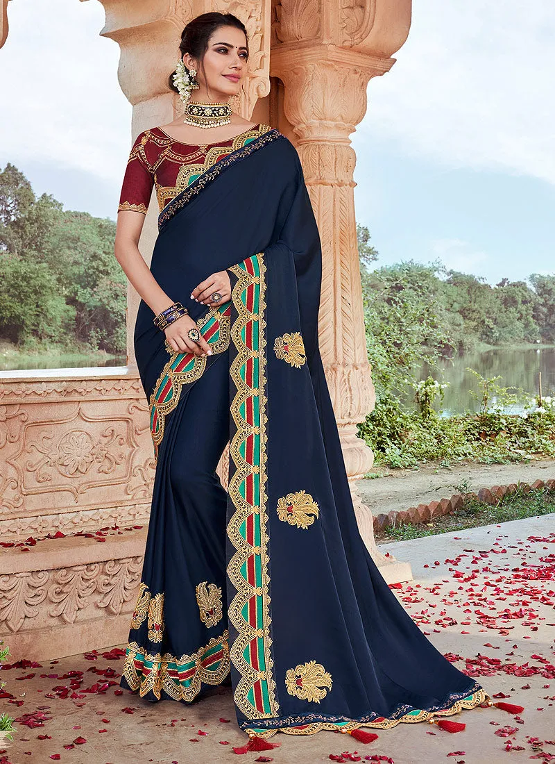 Blue And Red Multi Embroidered Saree