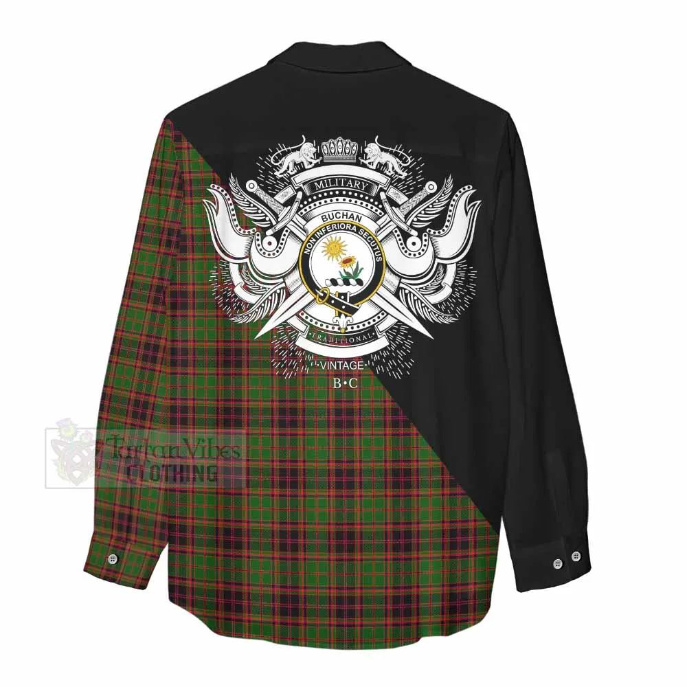 Buchan Tartan Women's Casual Shirt with Family Crest and Military Logo Style