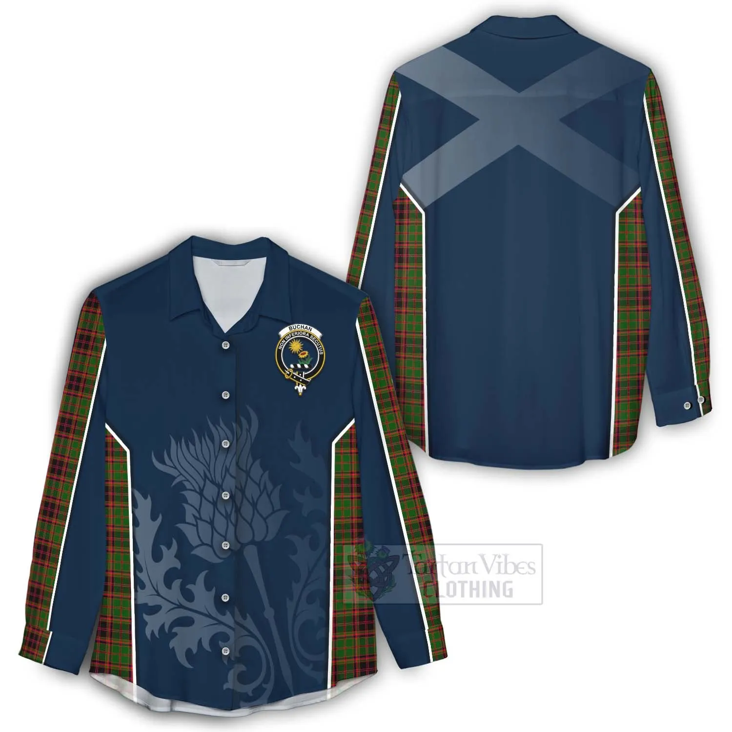 Buchan Tartan Women's Casual Shirt with Family Crest and Scottish Thistle Vibes Sport Style