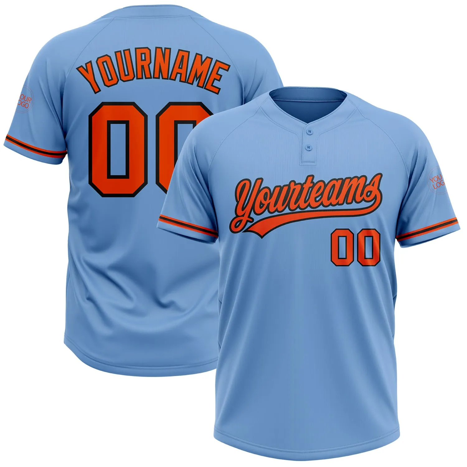 Custom Light Blue Orange-Black Two-Button Unisex Softball Jersey