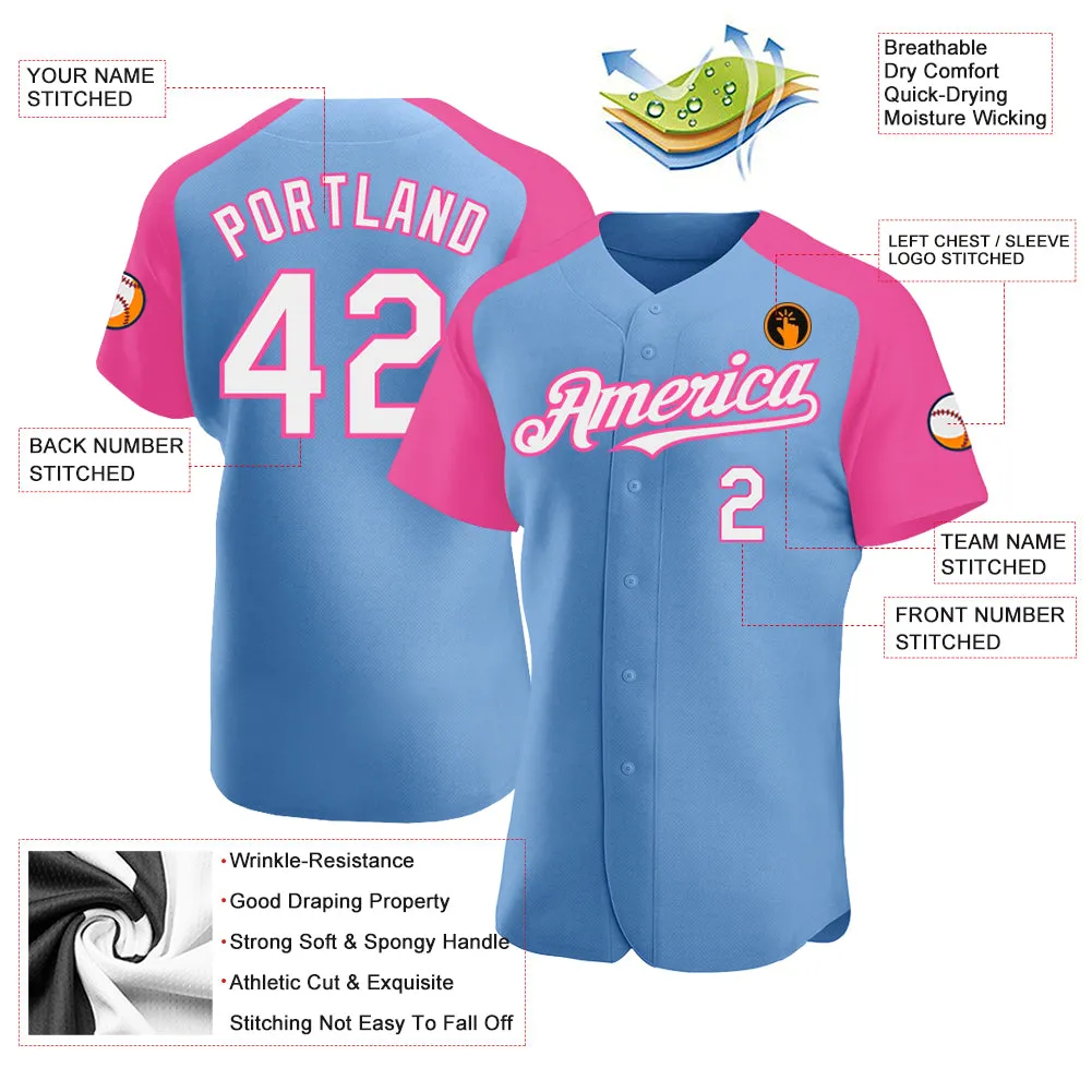 Custom Light Blue White-Pink Authentic Raglan Sleeves Baseball Jersey