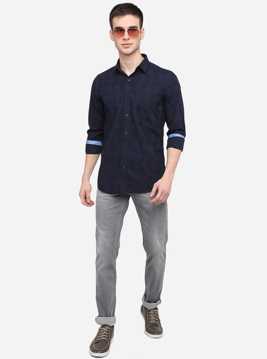 Dark Blue Solid Slim Fit Casual Shirt | JadeBlue