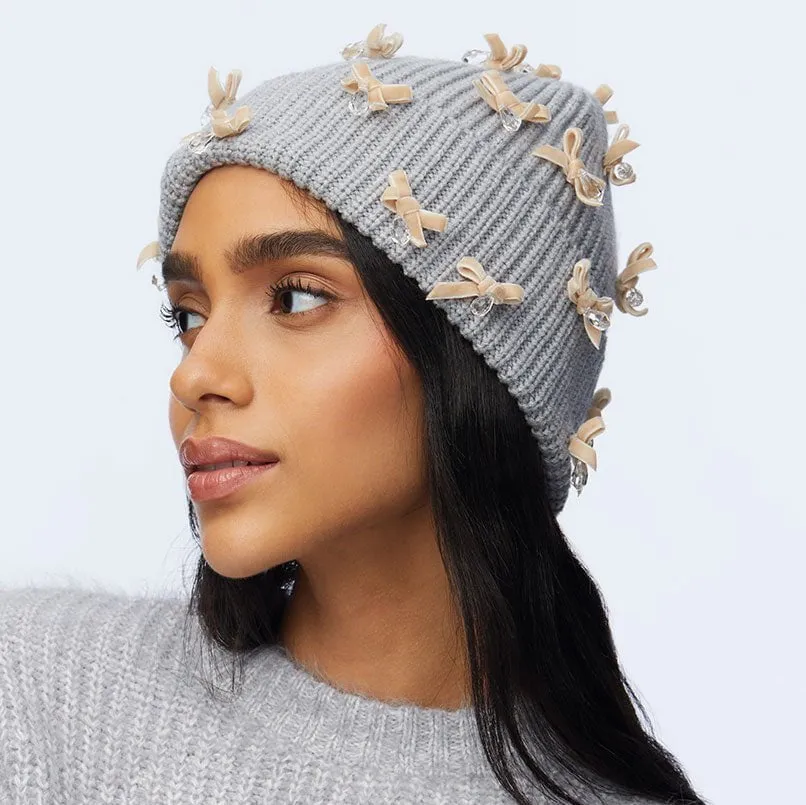 DOVE GREY BOW EMBELLISHED BEANIE