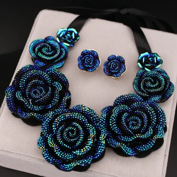 Fashion Jewelry Big Blue Resin Flower Necklaces and Earrings Jewelry Set for Women