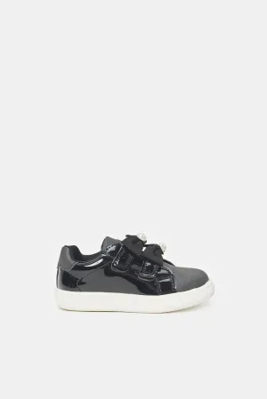 Girls Black Glossy Bow Sneakers