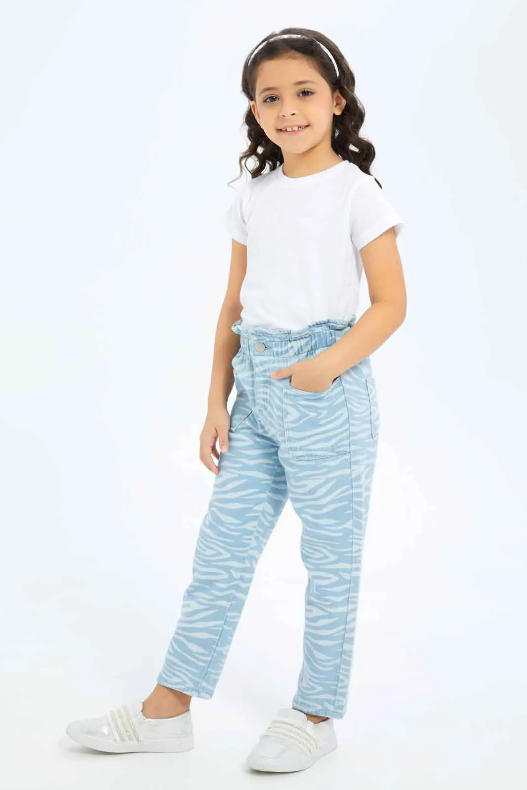 Girls Blue Pull On Printed Jeggings