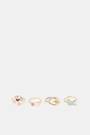 Girls Gold Embellished Ring Set (4 Piece)