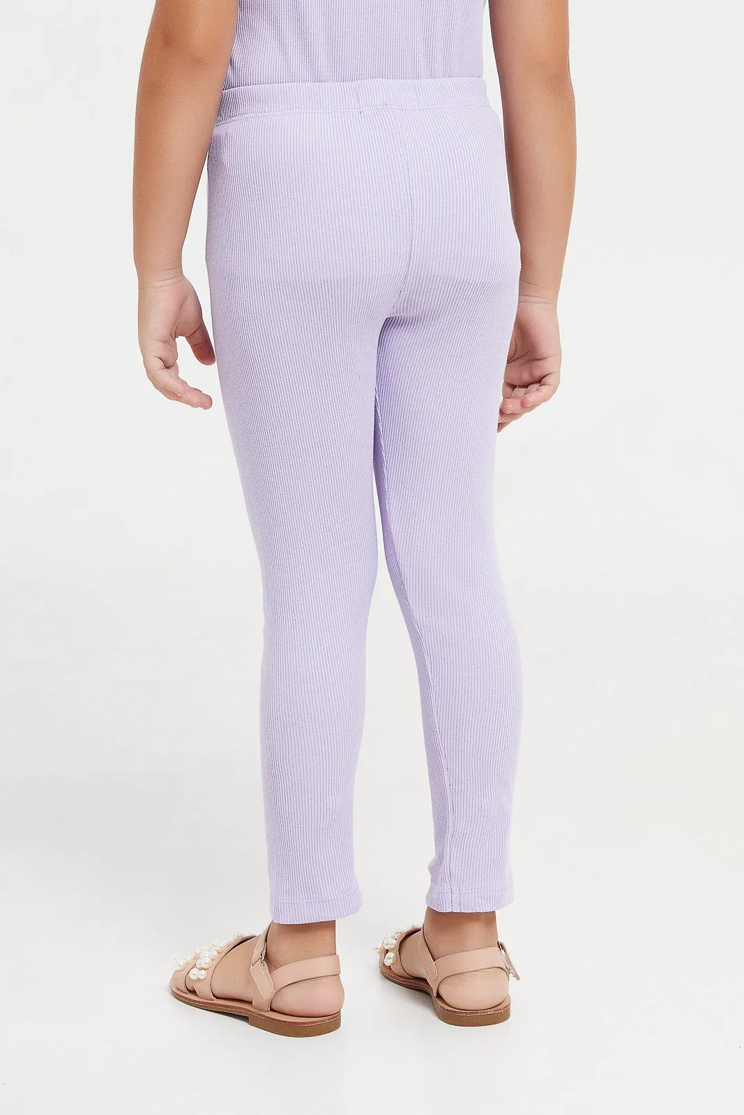 Girls Lilac Printed Ribbed Leggings