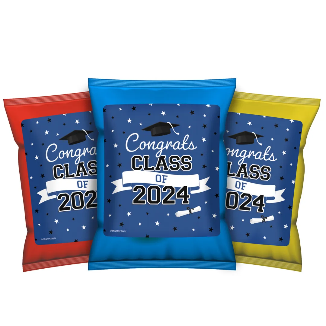 Graduation Class of 2024: Graduation Party Favors - Chip Bag and Snack Bag Stickers - 10 School Colors - 32 Stickers