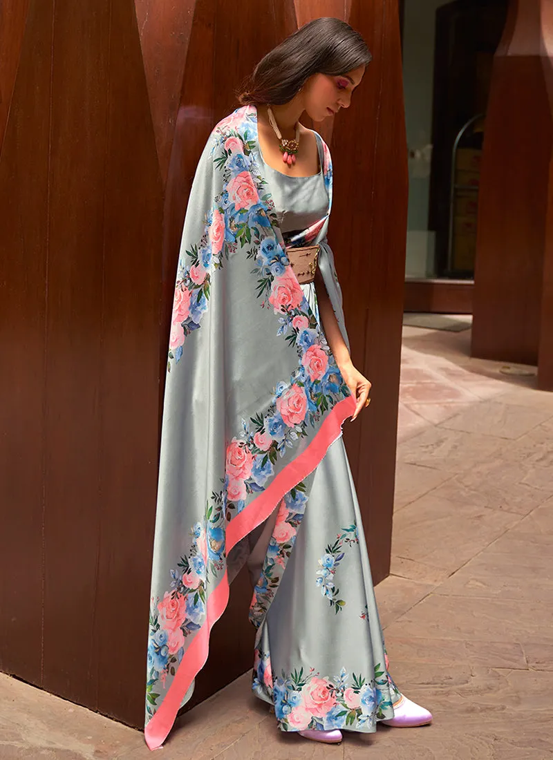 Grey Floral Printed Festive Saree