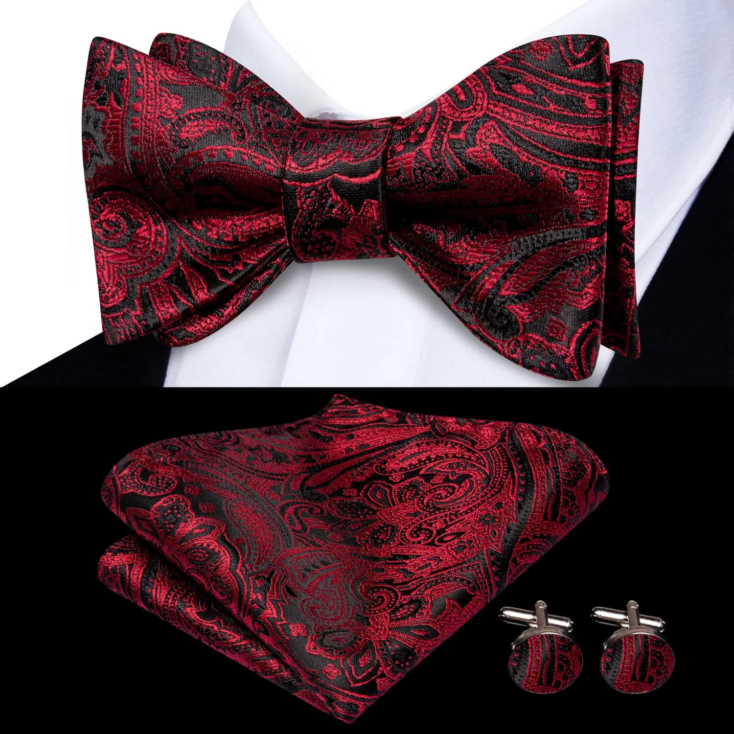 Hi-Tie Red Bow Tie Black Paisley Jacquard Bowtie Hanky Cufflinks Set