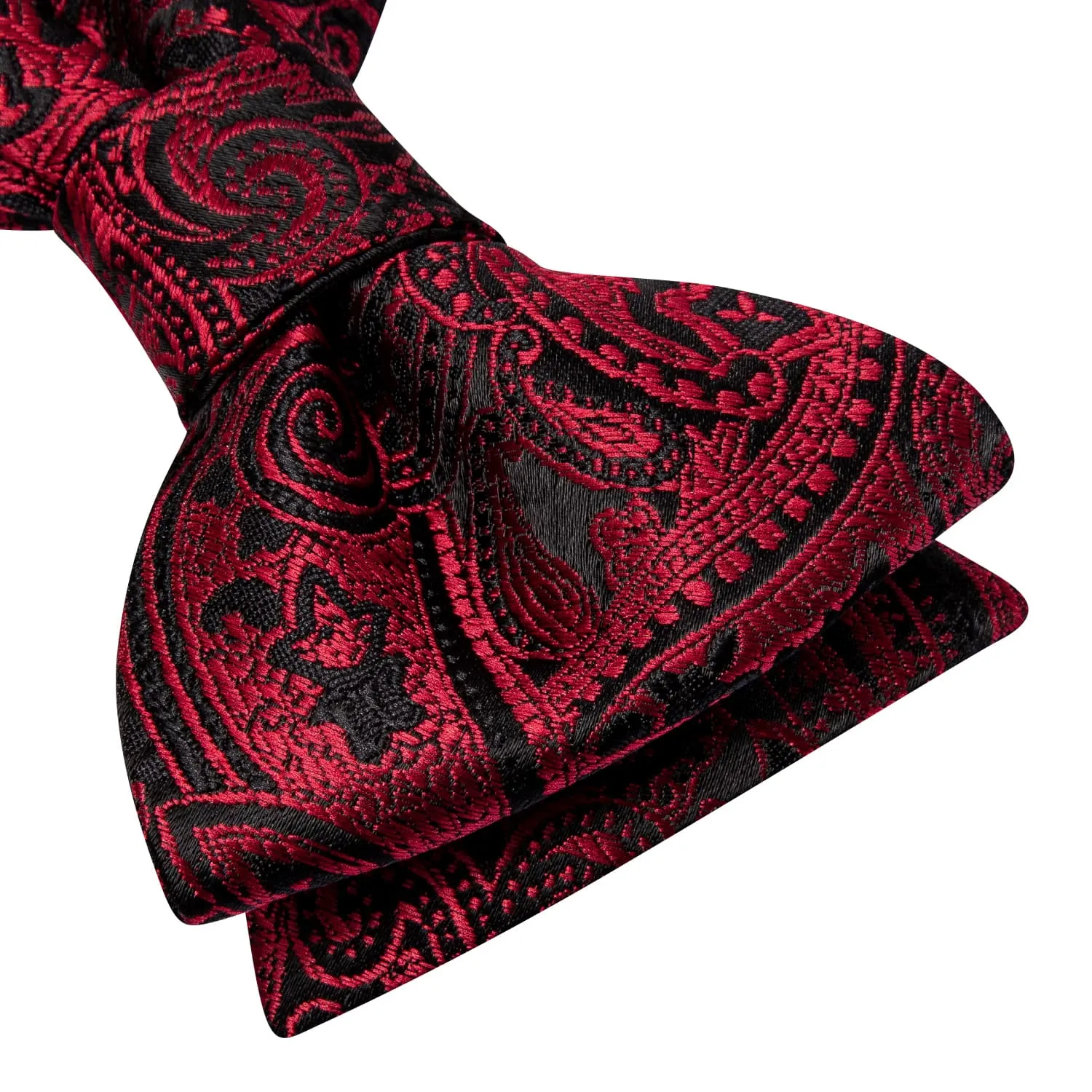 Hi-Tie Red Bow Tie Black Paisley Jacquard Bowtie Hanky Cufflinks Set