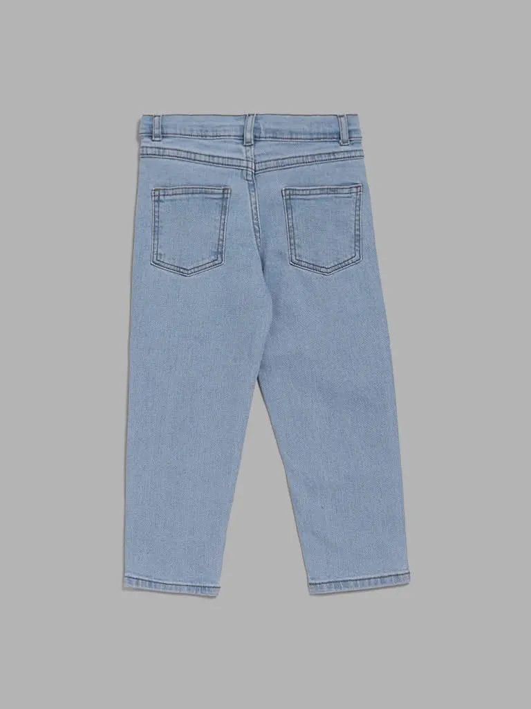 HOP Kids Light Blue Floral Embroidered Denim Jeans