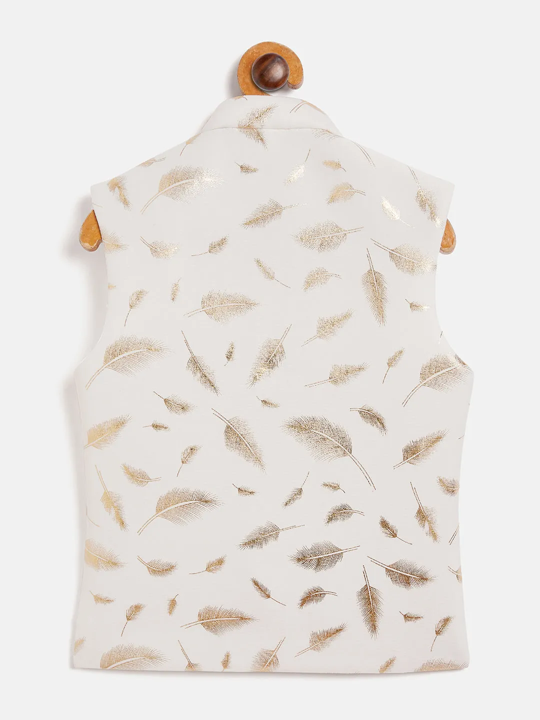 Jashvi White And Gold Scuba Foil Print Nehru Jacket