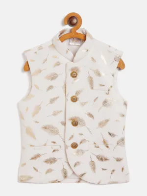 Jashvi White And Gold Scuba Foil Print Nehru Jacket