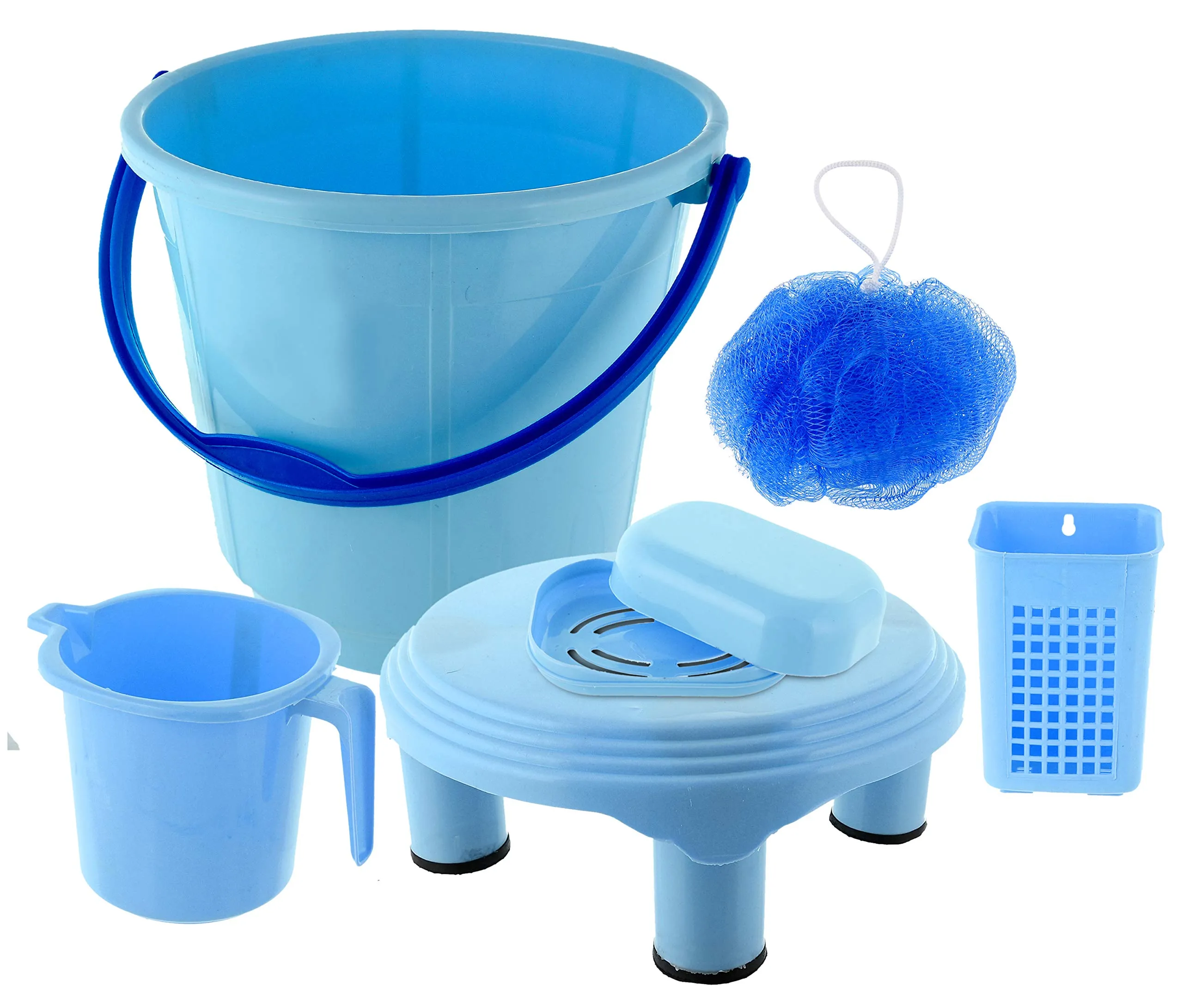 Kuber Industries Plastic Bathroom Set of 6 Pieces with Bucket, Mug, Stool,Tooth Brush Stand, Soap case & Juna Set (Blue)-KUBMART15277