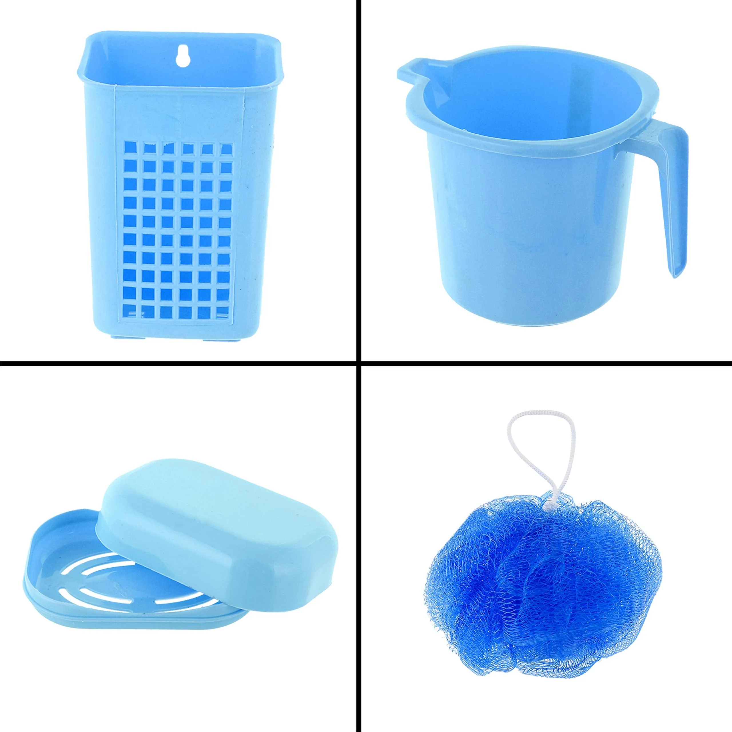 Kuber Industries Plastic Bathroom Set of 6 Pieces with Bucket, Mug, Stool,Tooth Brush Stand, Soap case & Juna Set (Blue)-KUBMART15277