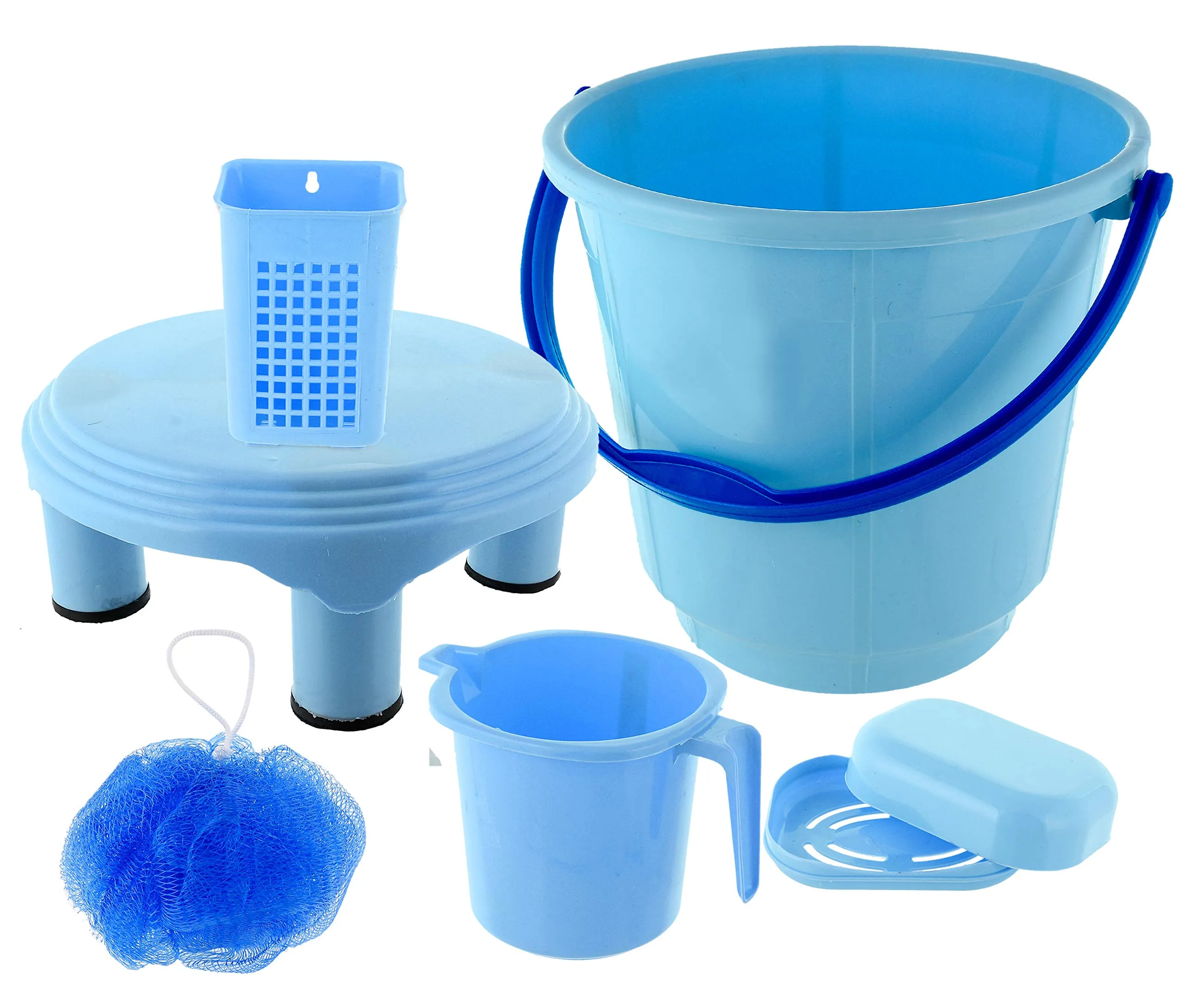 Kuber Industries Plastic Bathroom Set of 6 Pieces with Bucket, Mug, Stool,Tooth Brush Stand, Soap case & Juna Set (Blue)-KUBMART15277