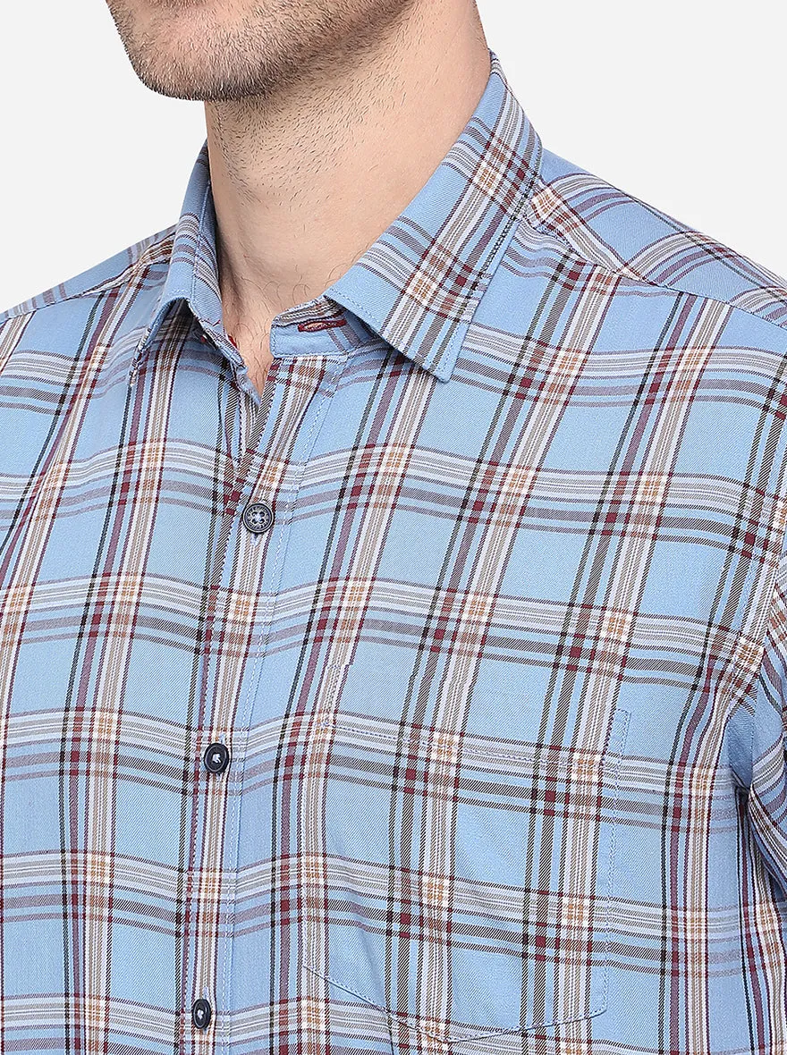 Light Blue Checked Slim Fit Semi Casual Shirt | Greenfibre