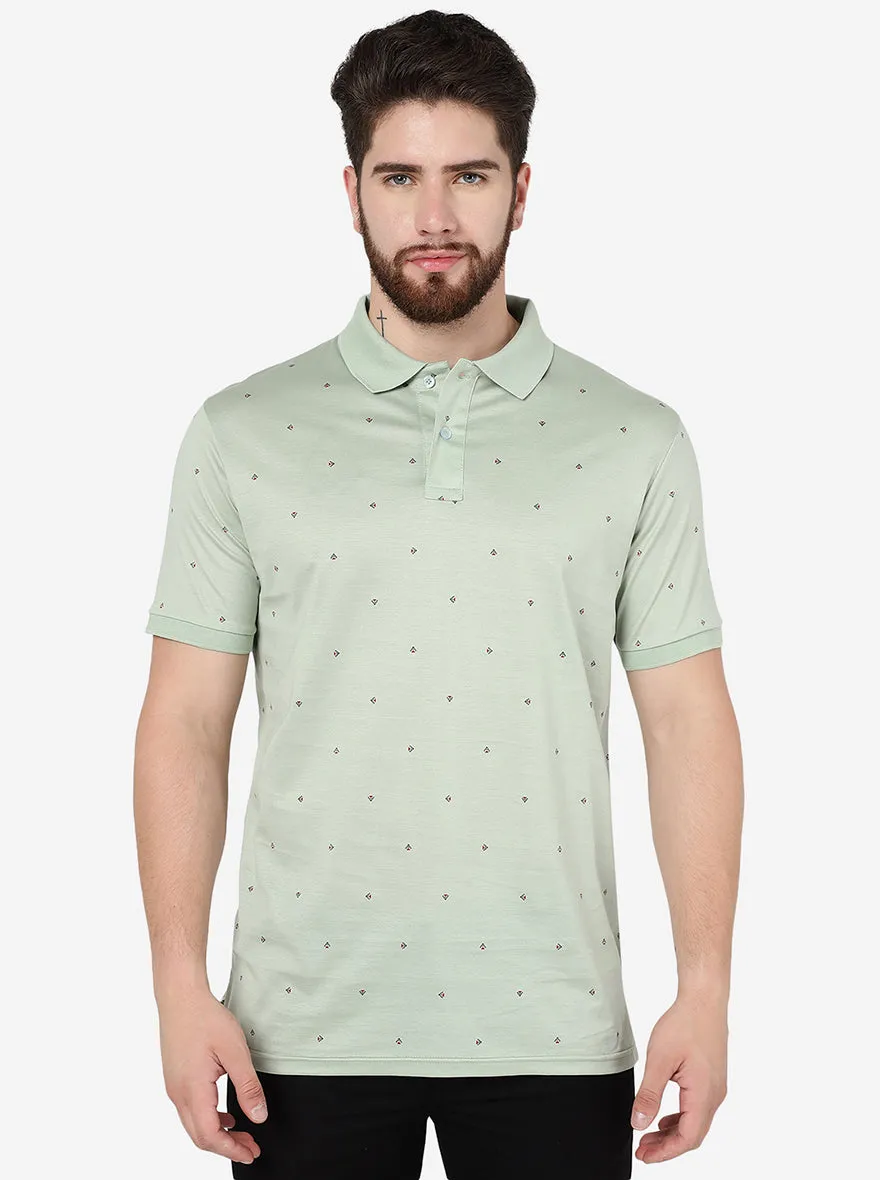 Light Green Printed Slim Fit Polo T-Shirt | JadeBlue