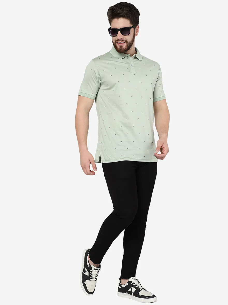 Light Green Printed Slim Fit Polo T-Shirt | JadeBlue