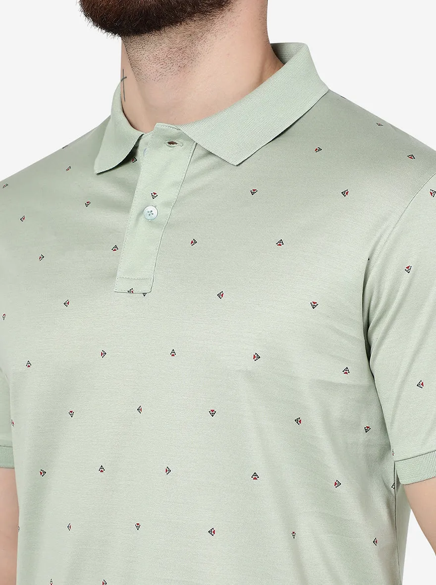 Light Green Printed Slim Fit Polo T-Shirt | JadeBlue