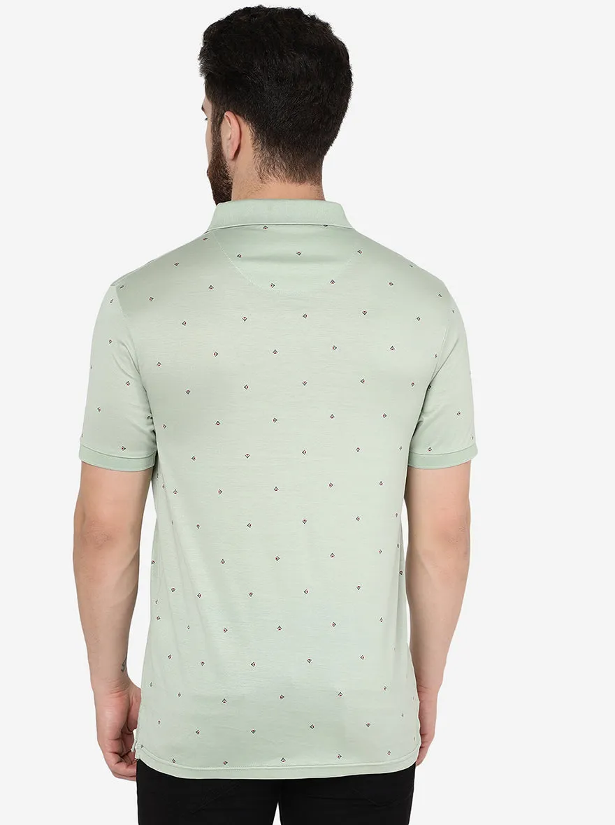 Light Green Printed Slim Fit Polo T-Shirt | JadeBlue