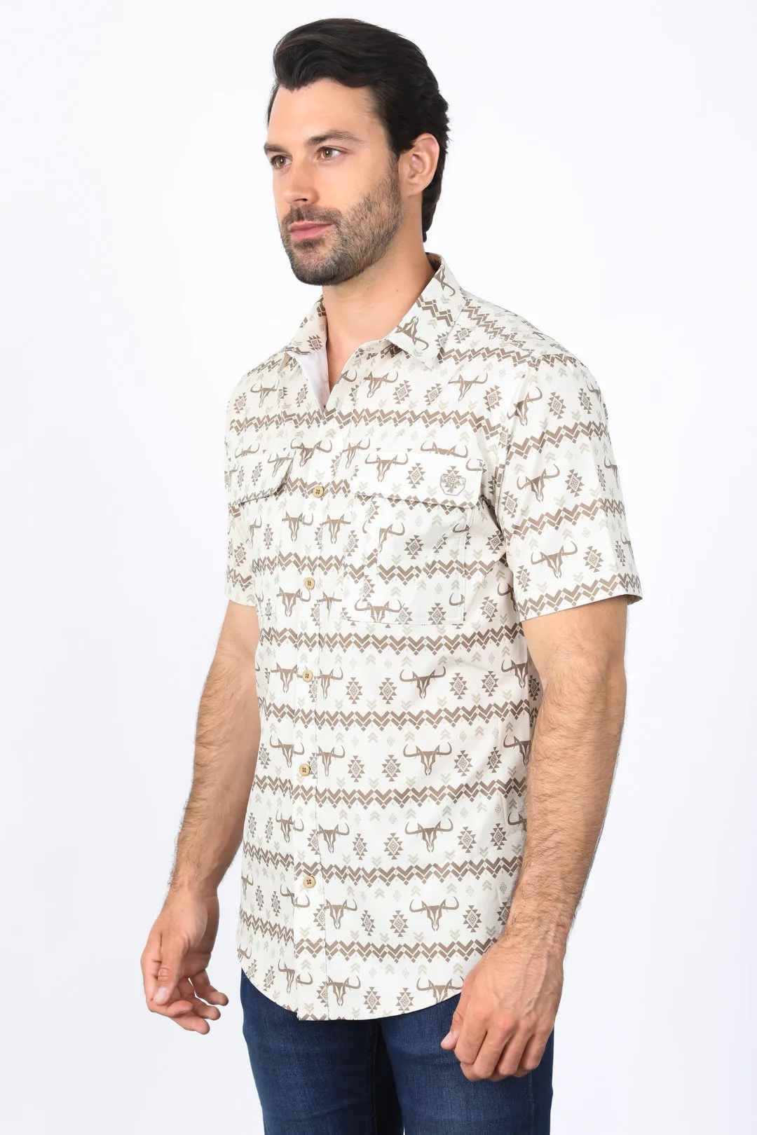 Mens Performance Classic Fit Western Beige Short Sleeve Aztec Print Shirt