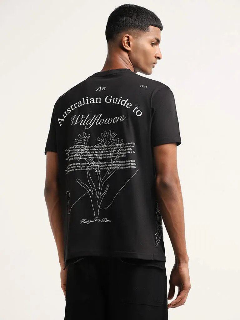 Nuon Black Embroidered Cotton Slim Fit T-Shirt