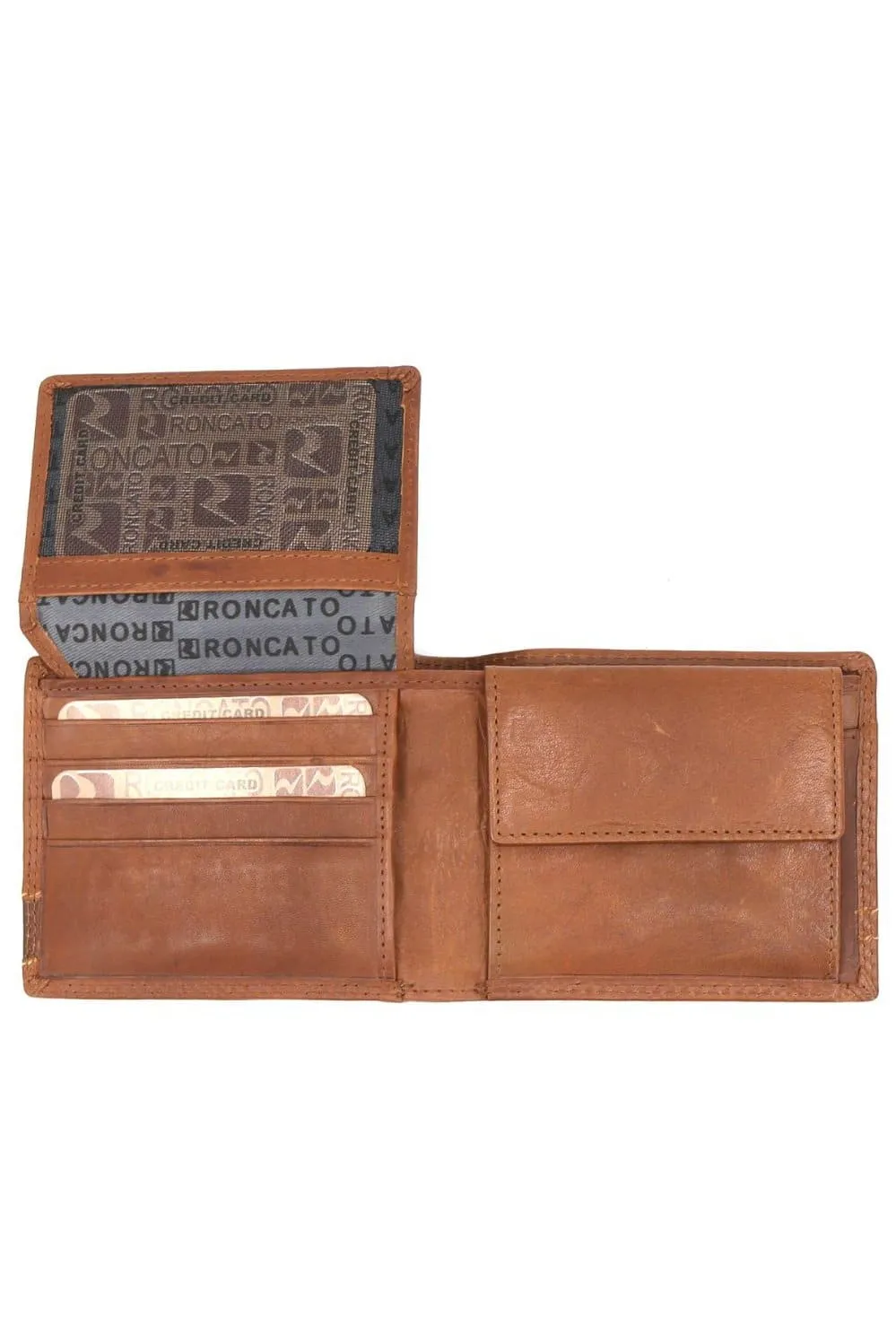 R Roncato Men's Leather Wallet, Equipped With Coin Purse, Spaces for Credit Cards, Identity Card and Banknotes, Camel